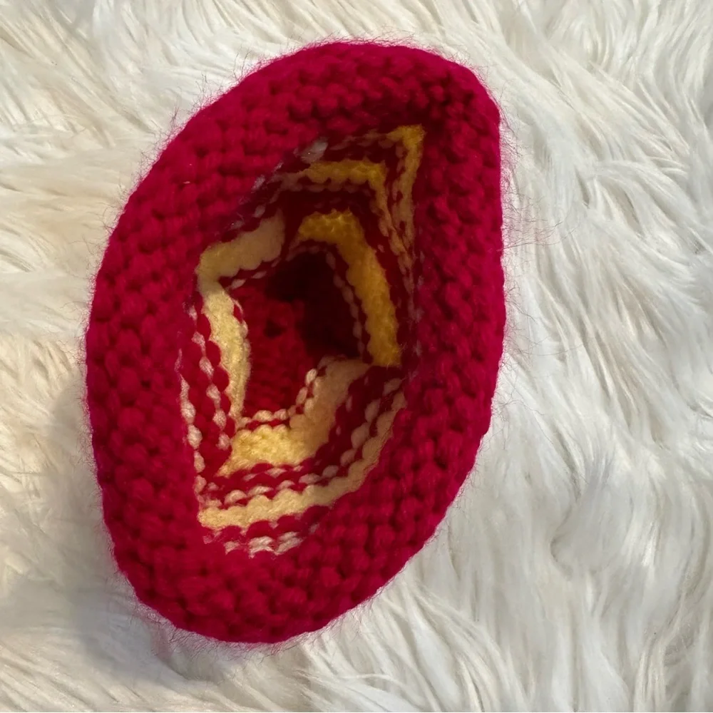 Baby Hand-Knit‎ Striped Beanie Hat Red & Yellow Infant Newborn